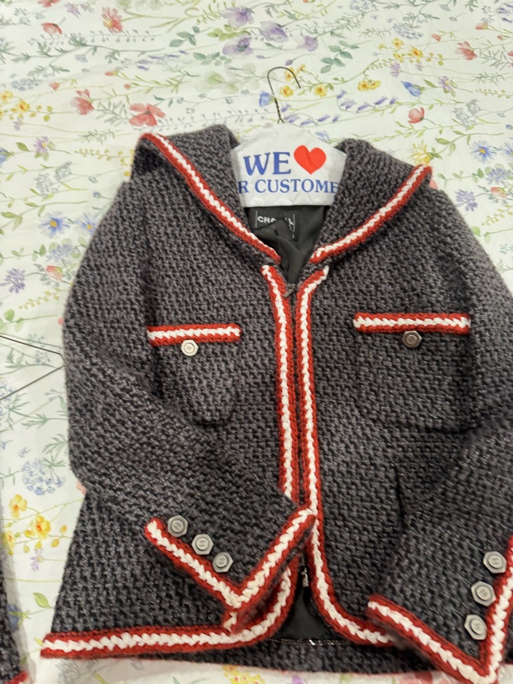 CHANEL Charcoal Knit Two-Piece Suit with Red and White Trim - Picture 2 of 11